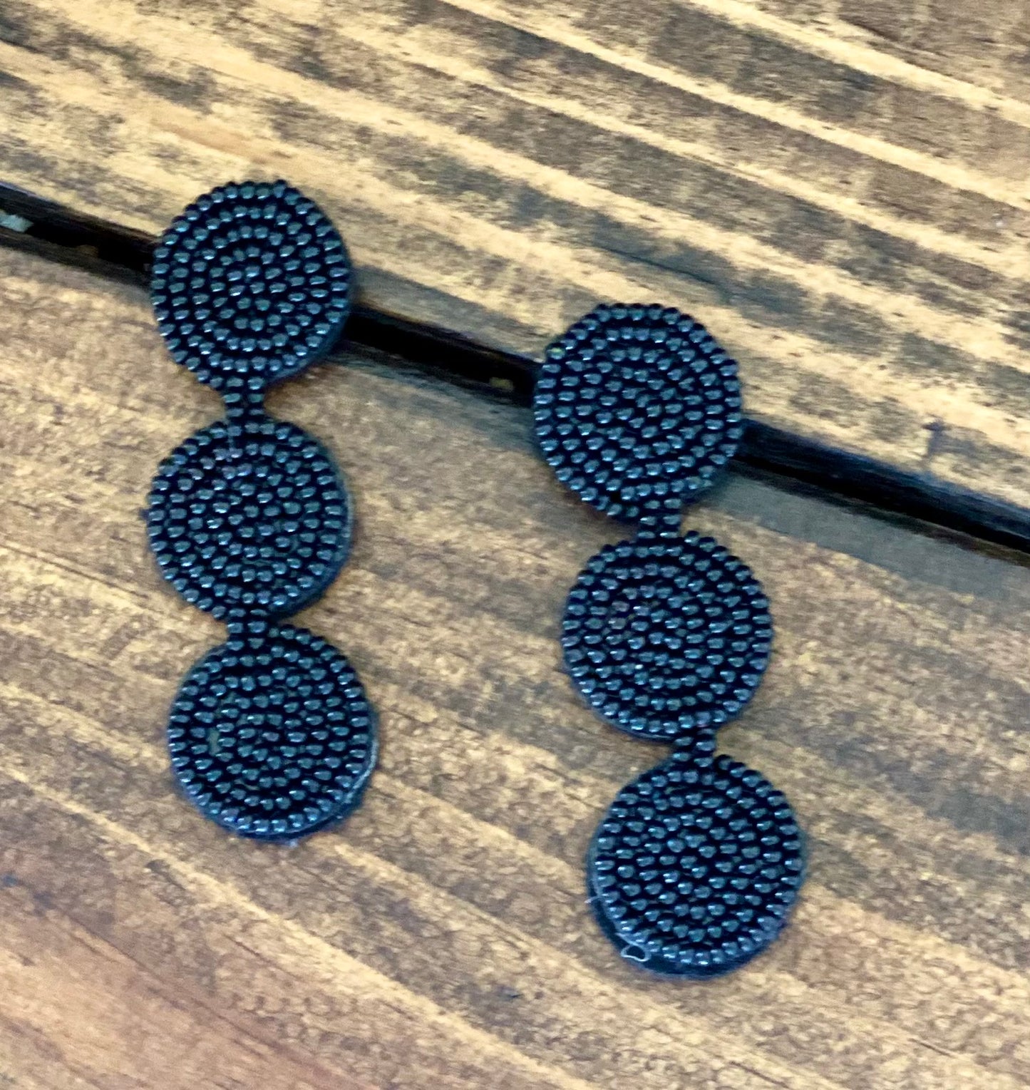 Tri-Circle Black Beaded Earrings