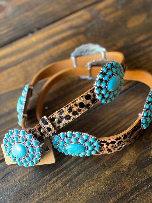 Turquoise & Cheetah Leather Belt